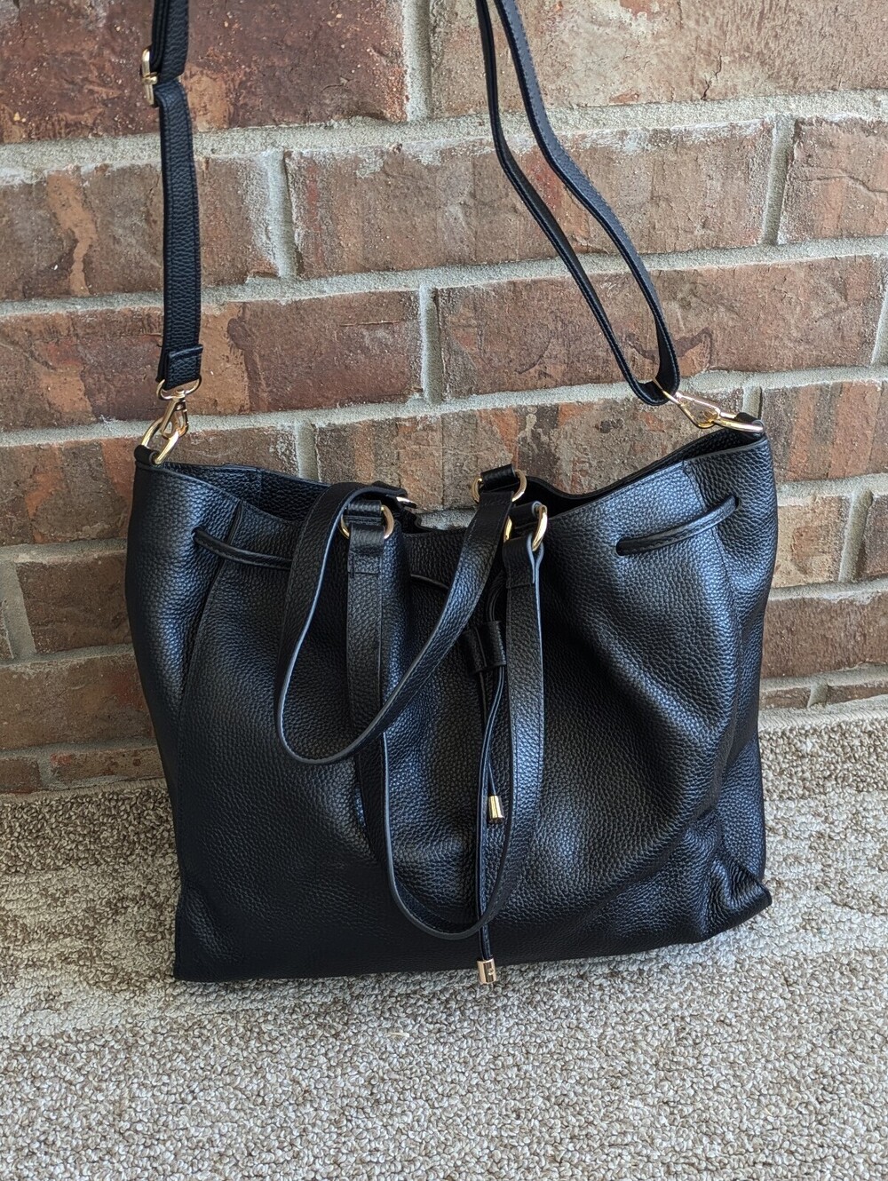 Laggo Taylor Tote Shoulder Bag Black Pebbled Leather Drawstring Satchel Purse